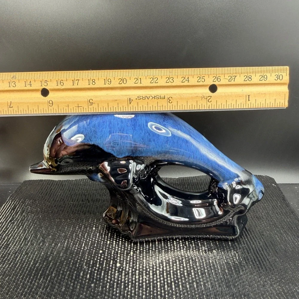 Blue Black Drip Glaze Ceramic Dolphin Figurine Nautical Coastal Decor 7 Inch